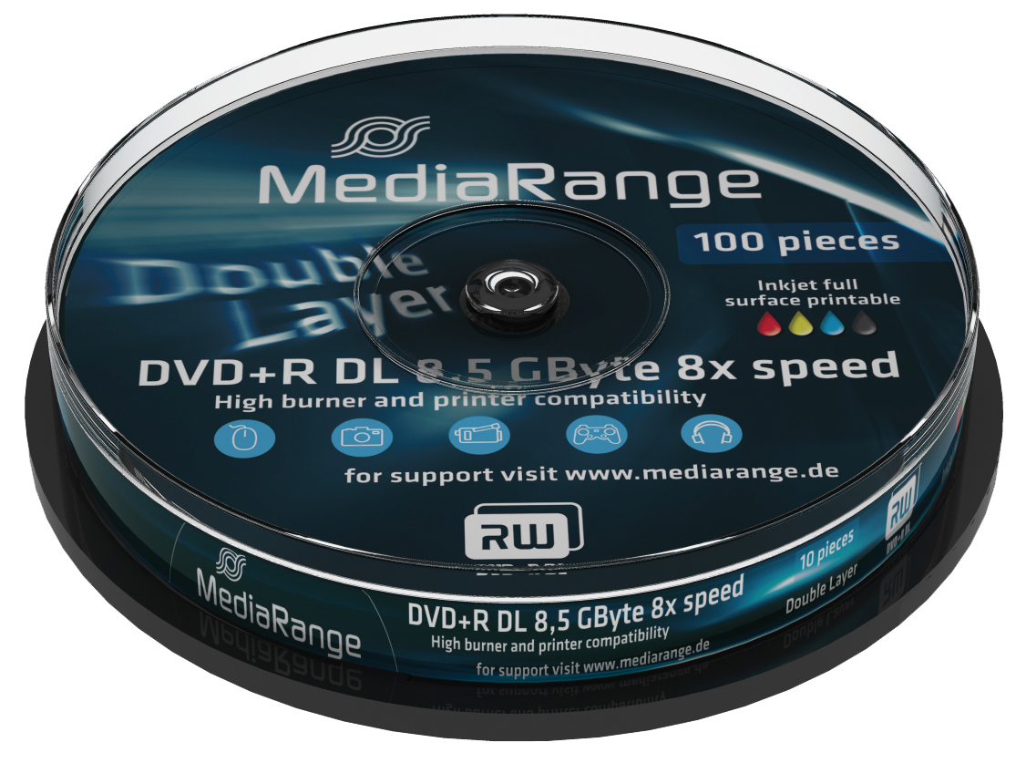 10 MediaRange DVD+R DL 8,5Gb/240Min/8x Spindel Bedruckbar printable ...