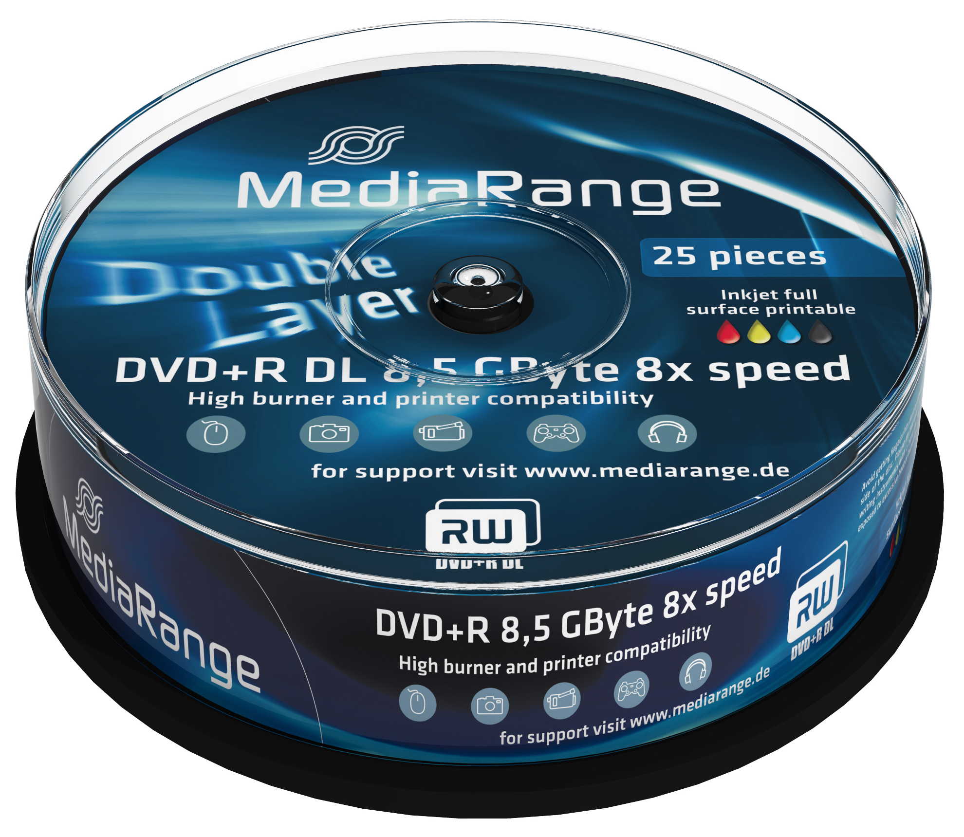 50 MediaRange DVD+R DL 8,5Gb/240Min/8x Spindel Bedruckbar printable ...